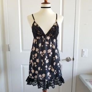 Satin Floral Print Slip Dress Gold Lace